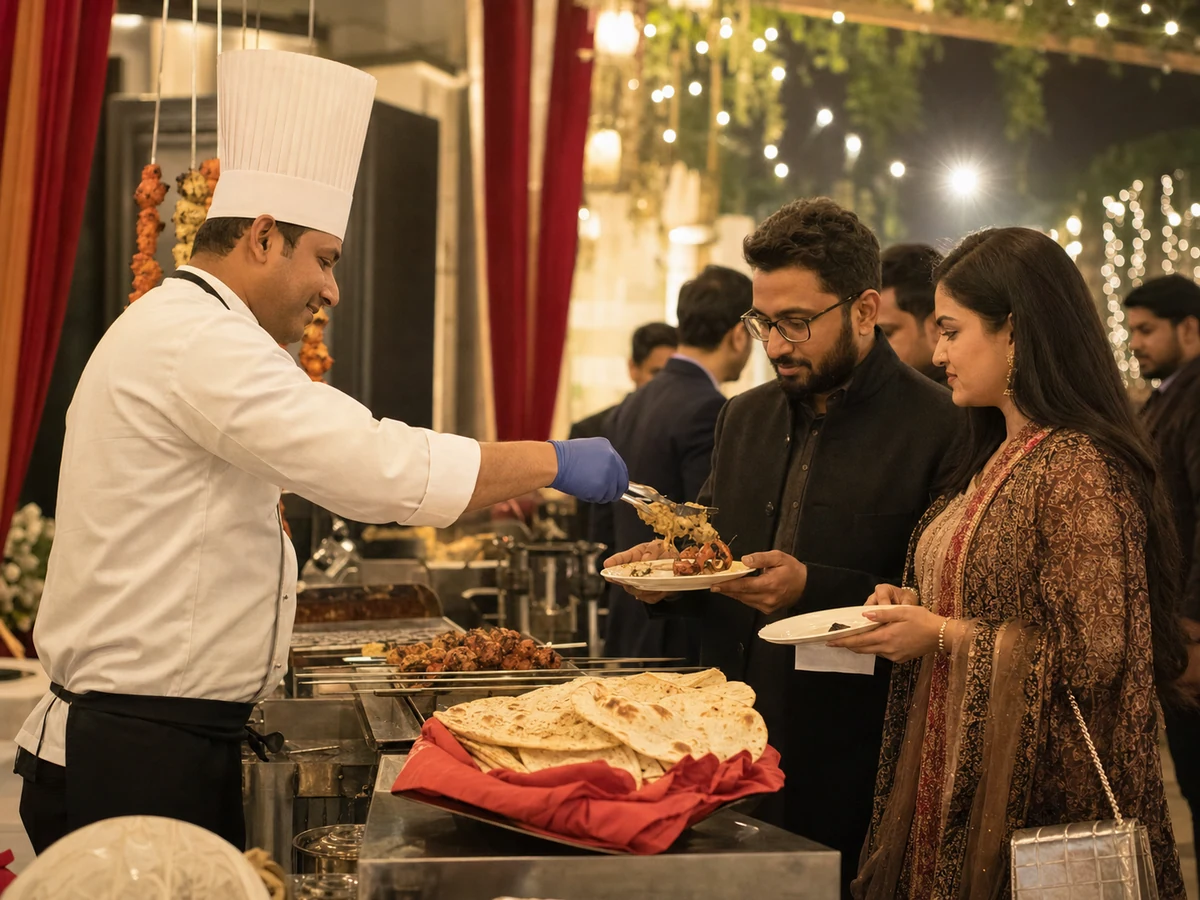 Chef serving guests at a live Indian catering counter