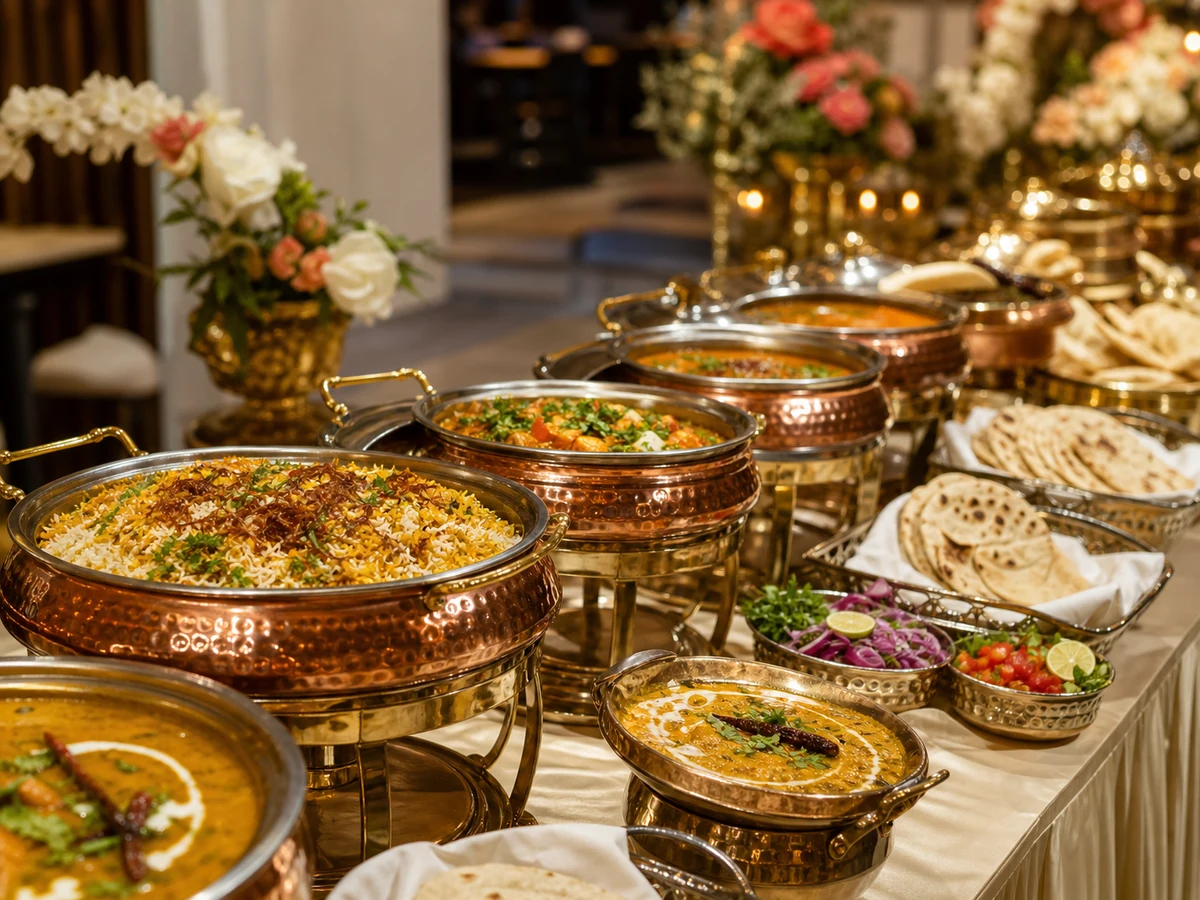Copper handis filled with an Indian buffet spread