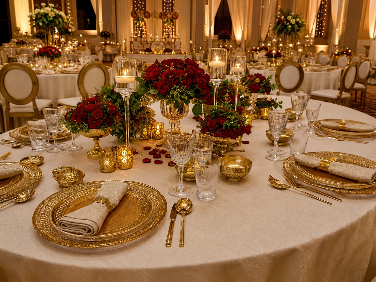 Elegant wedding table with gold place settings and crimson flowers
