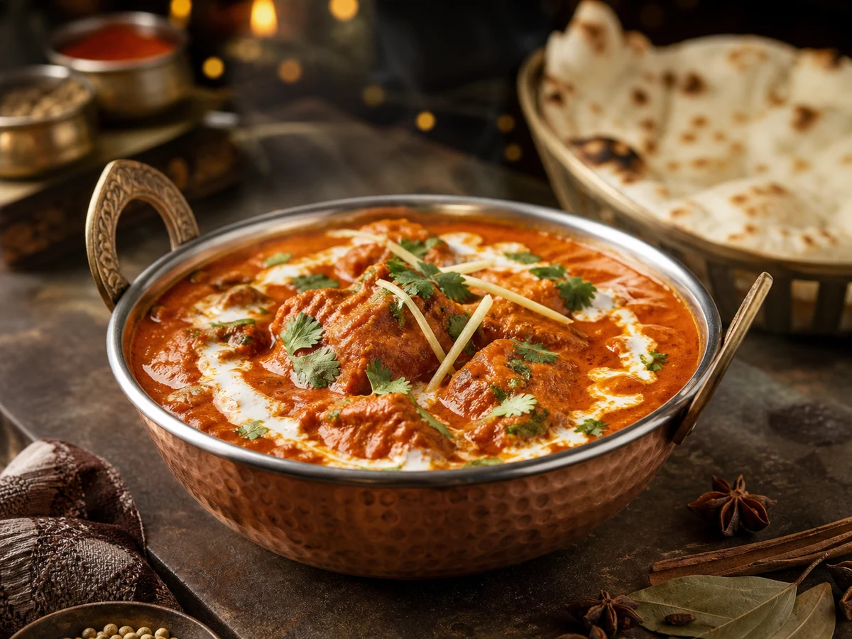 Signature Indian curry served steaming in a copper handi