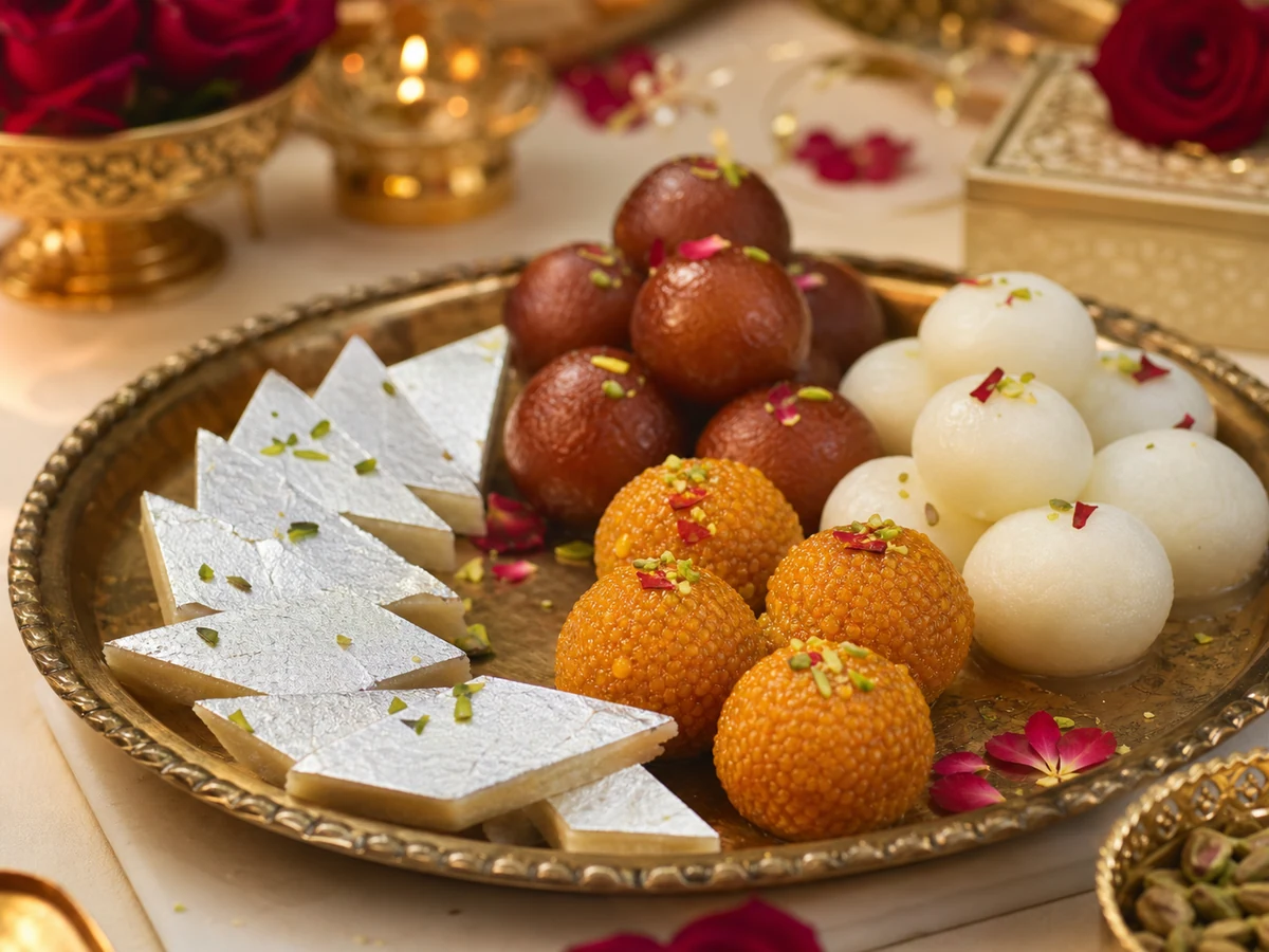 Traditional Indian sweets arranged on a brass celebration platter